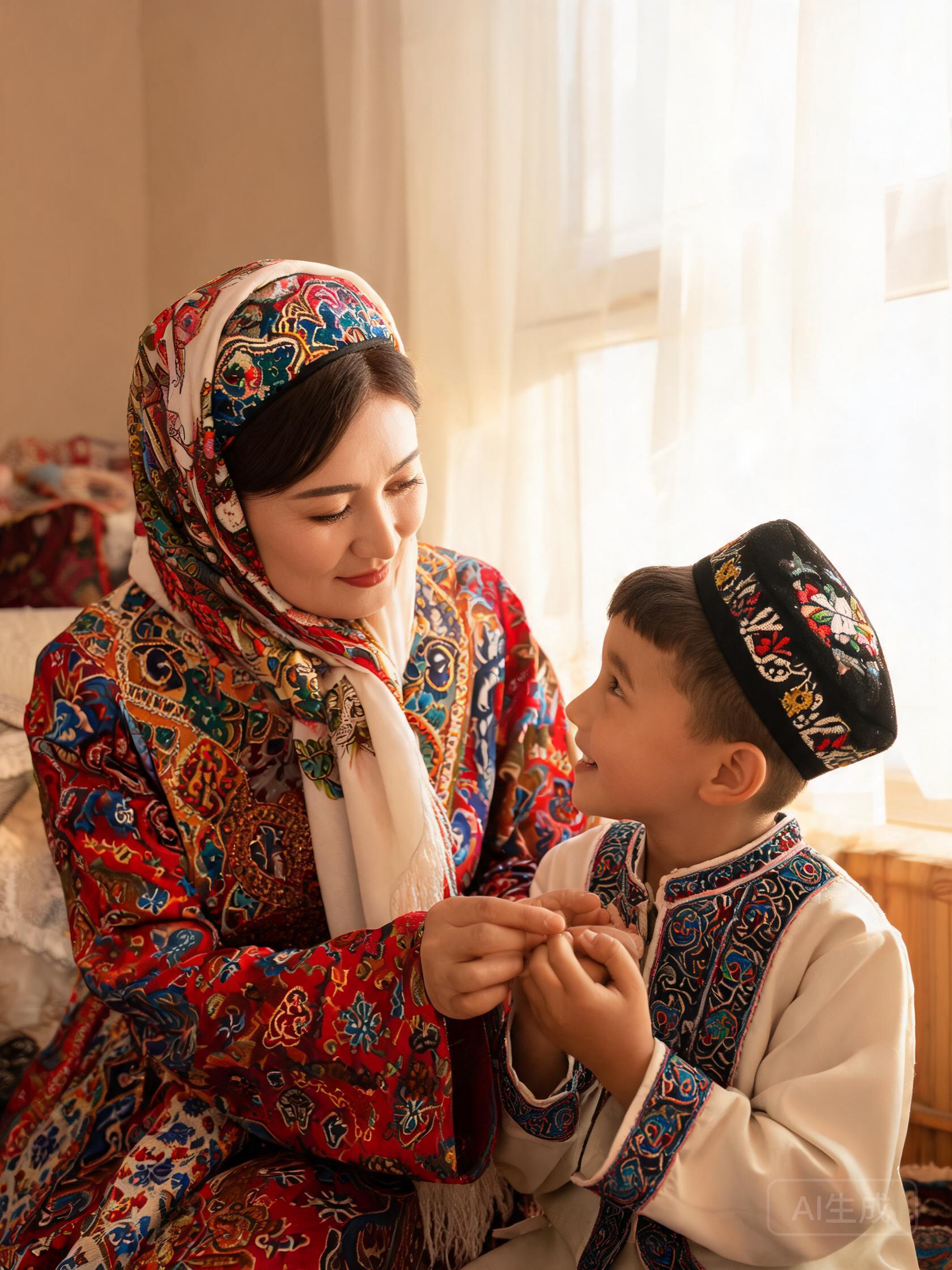 A mother in traditional dress teaching her child