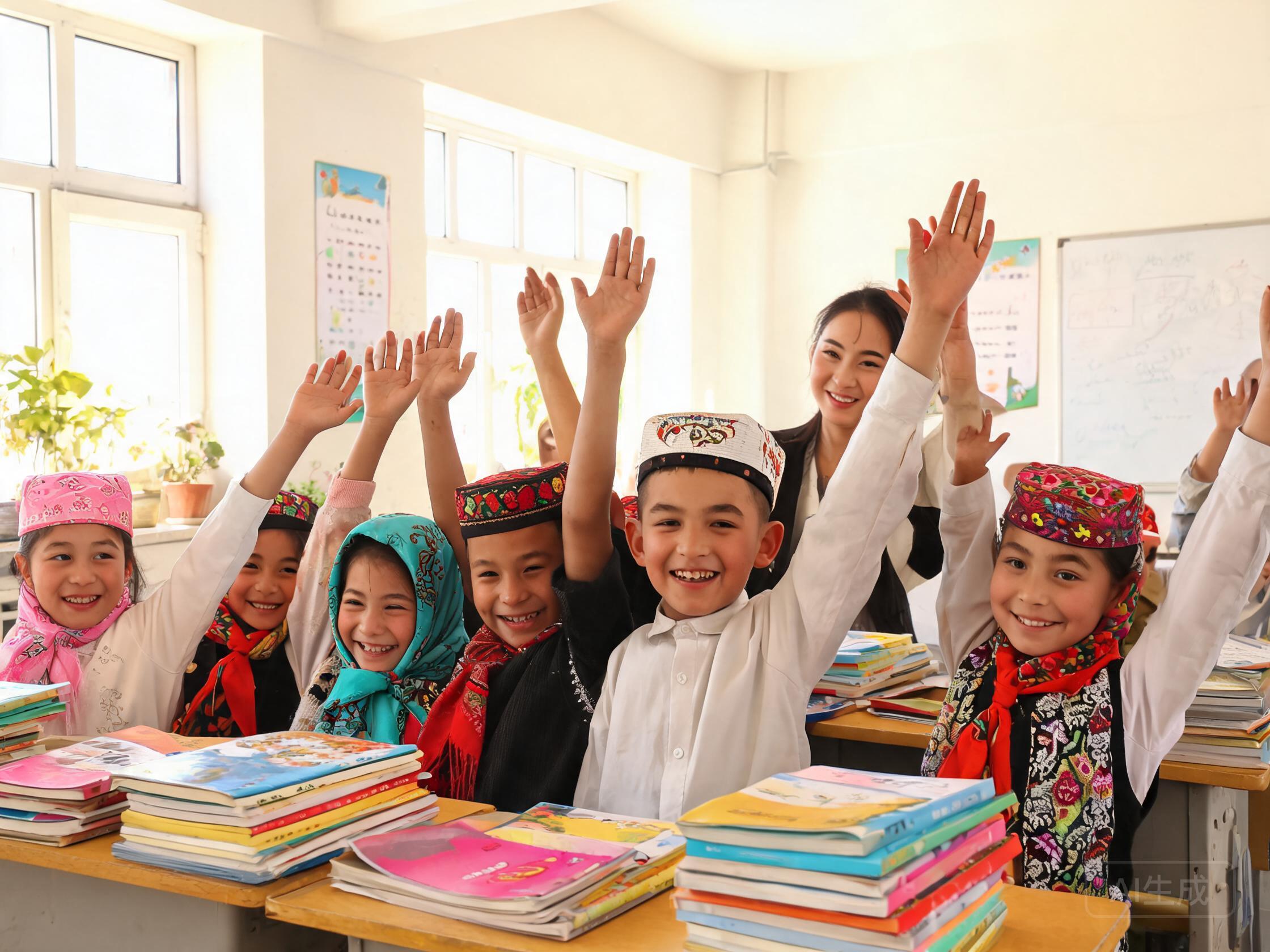 Minority schoolchildren in a bright classroom
